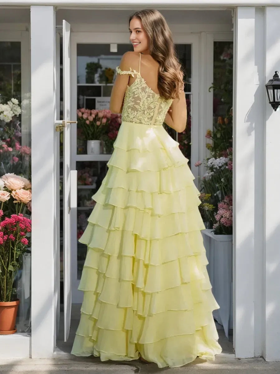 Princess Off-the-Shoulder Romantic Prom Dresses with Ruffles Side Slit Appliques