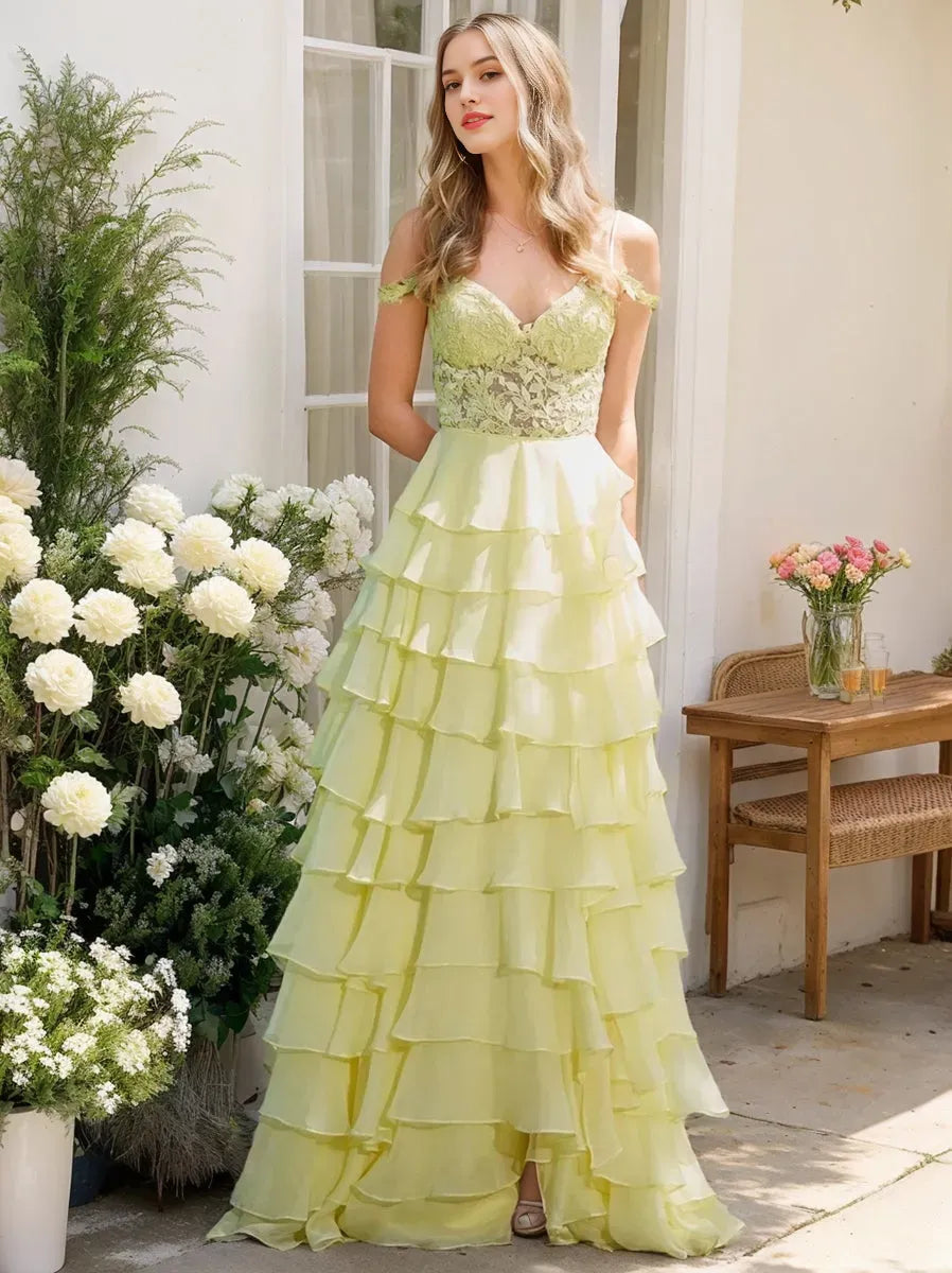 Princess Off-the-Shoulder Romantic Prom Dresses with Ruffles Side Slit Appliques