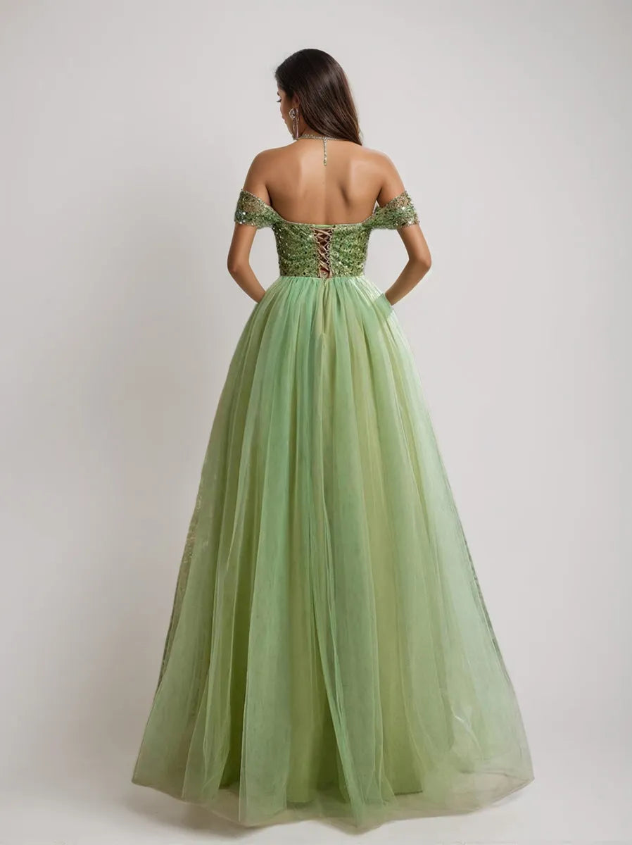 Princess Off-the-Shoulder Sleeveless Tulle Luxurious Prom Dresses with Sequins