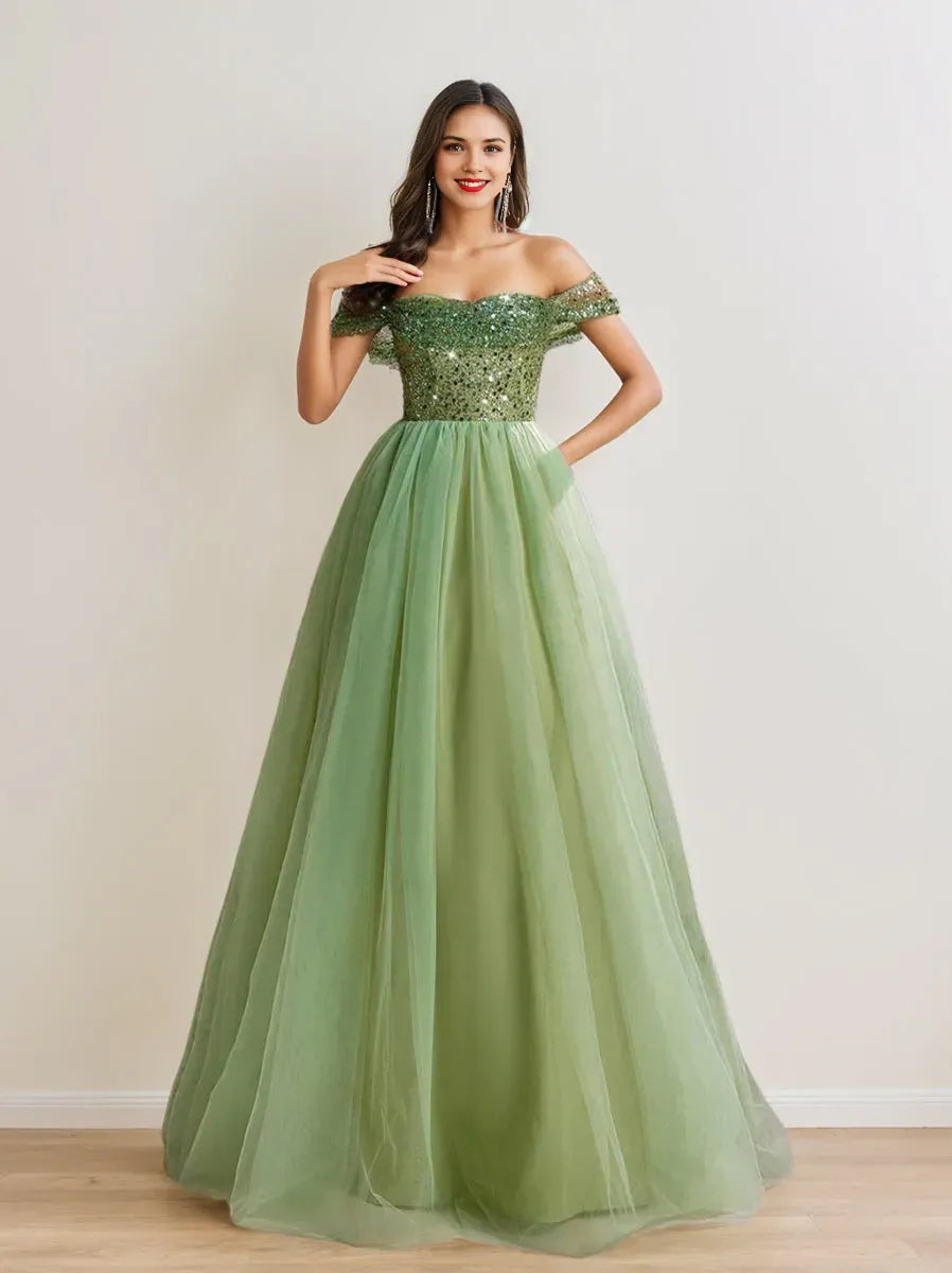 Princess Off-the-Shoulder Sleeveless Tulle Luxurious Prom Dresses with Sequins