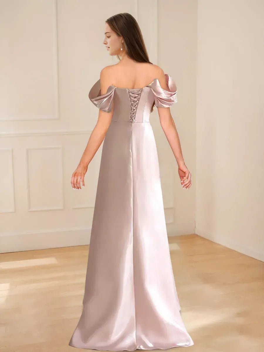 Princess Off-the-shoulder Ruched Elegant Prom Dresses with Beadings Lace-up