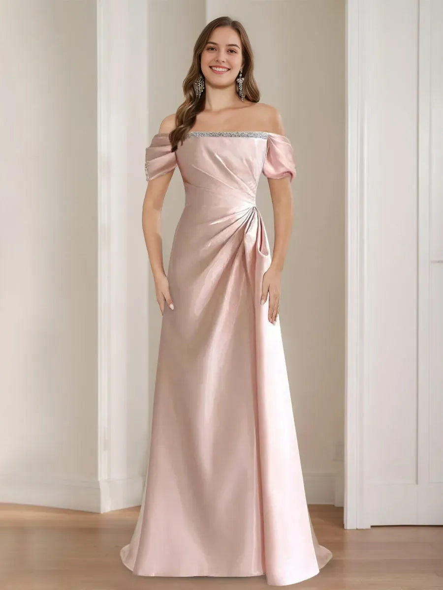 Princess Off-the-shoulder Ruched Elegant Prom Dresses with Beadings Lace-up