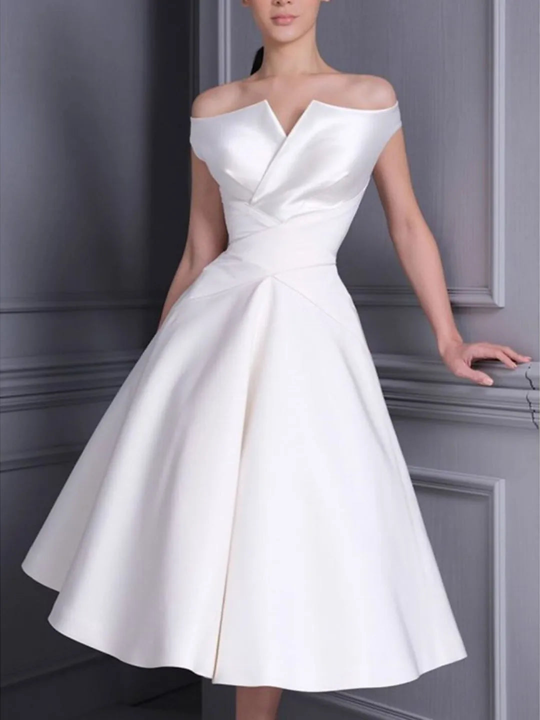 Princess Off-the-shoulder Short Sleeves Tea Length luxurious Wedding Dress With Ruffle