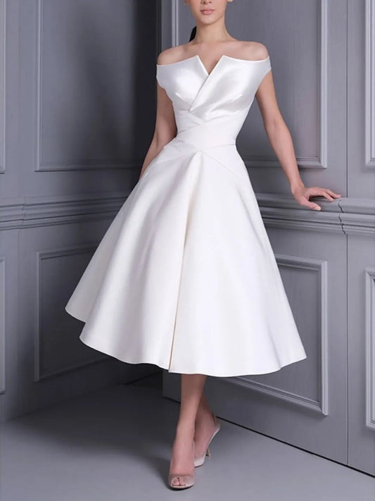 Princess Off-the-shoulder Short Sleeves Tea Length luxurious Wedding Dress With Ruffle