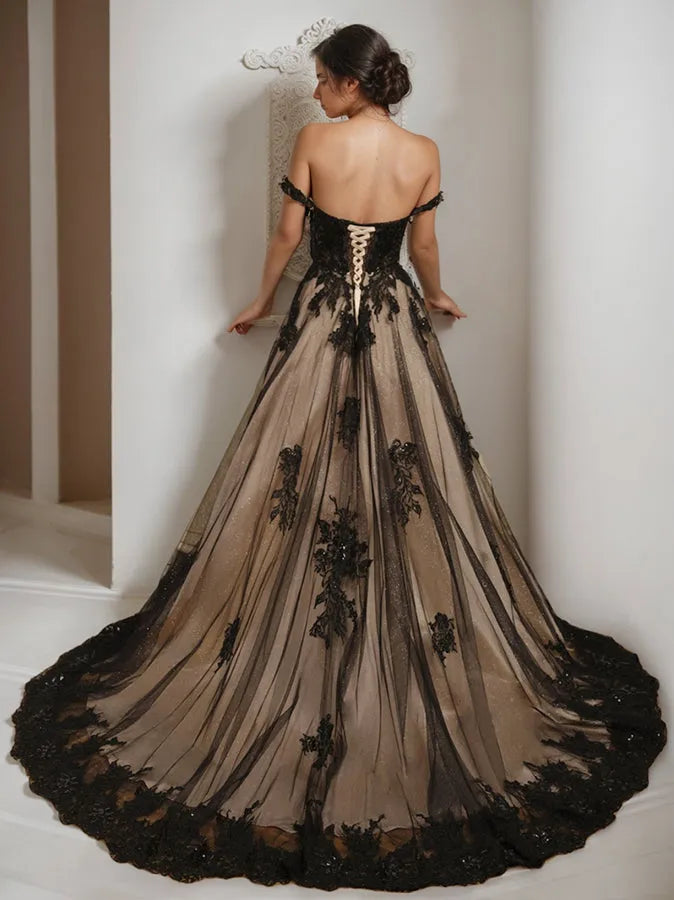 Princess Off-the Shoulder Sleeveless Tulle Wedding Dress with Appliques Beading