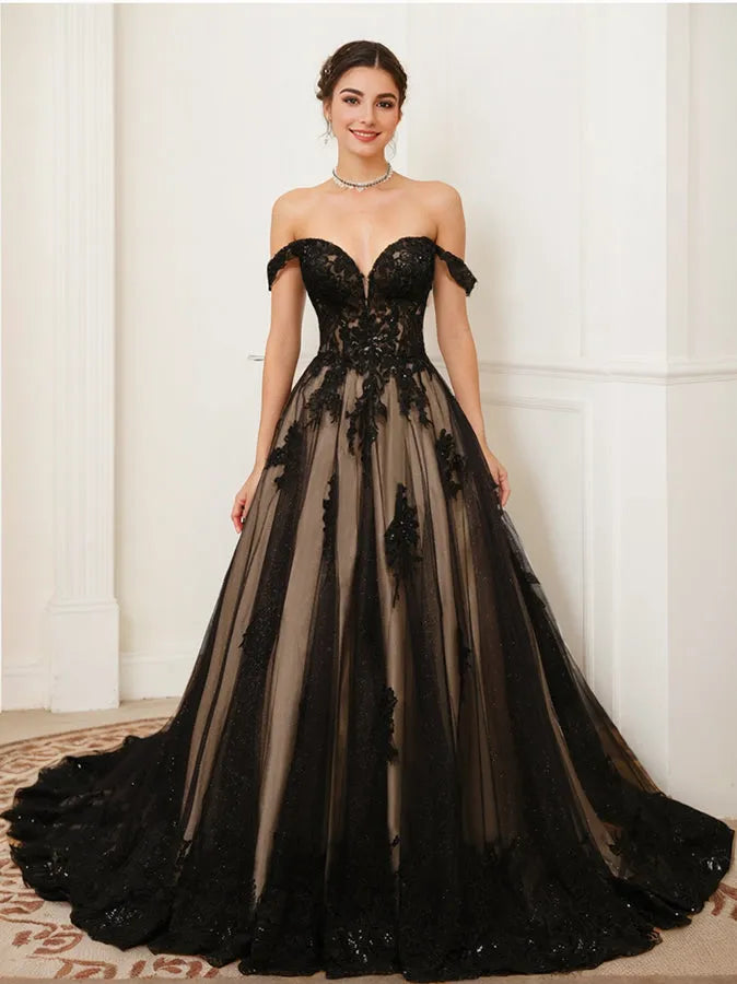 Princess Off-the Shoulder Sleeveless Tulle Wedding Dress with Appliques Beading