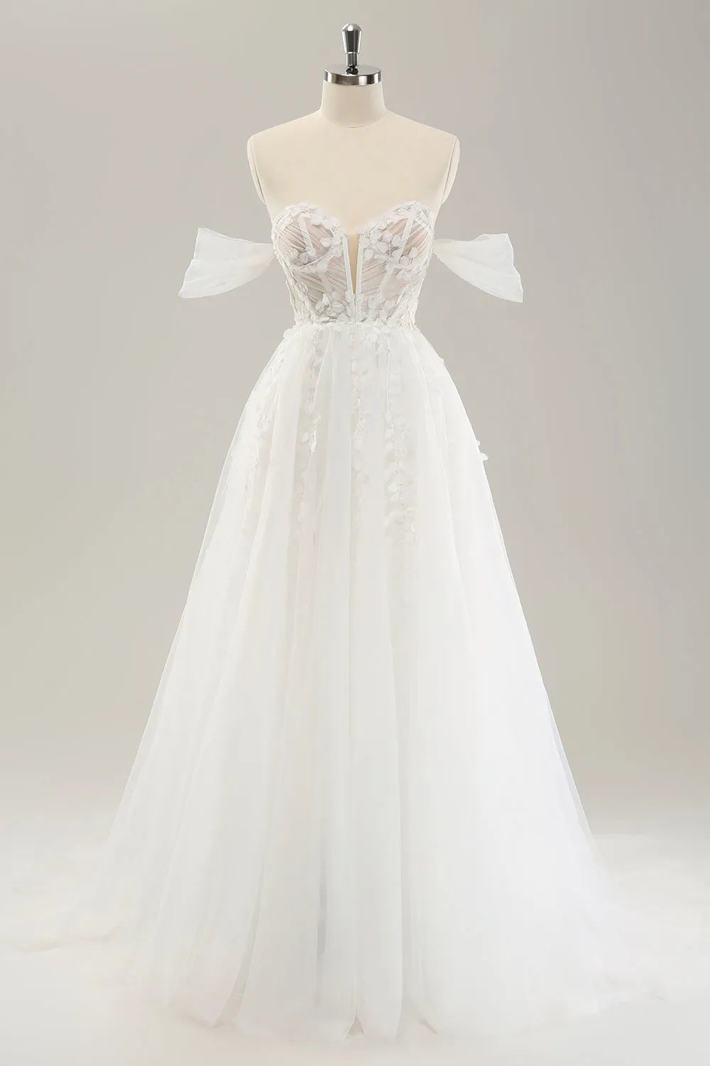 Princess Off The Shoulder Sweep Train Tulle Corset Wedding Dress with Appliques