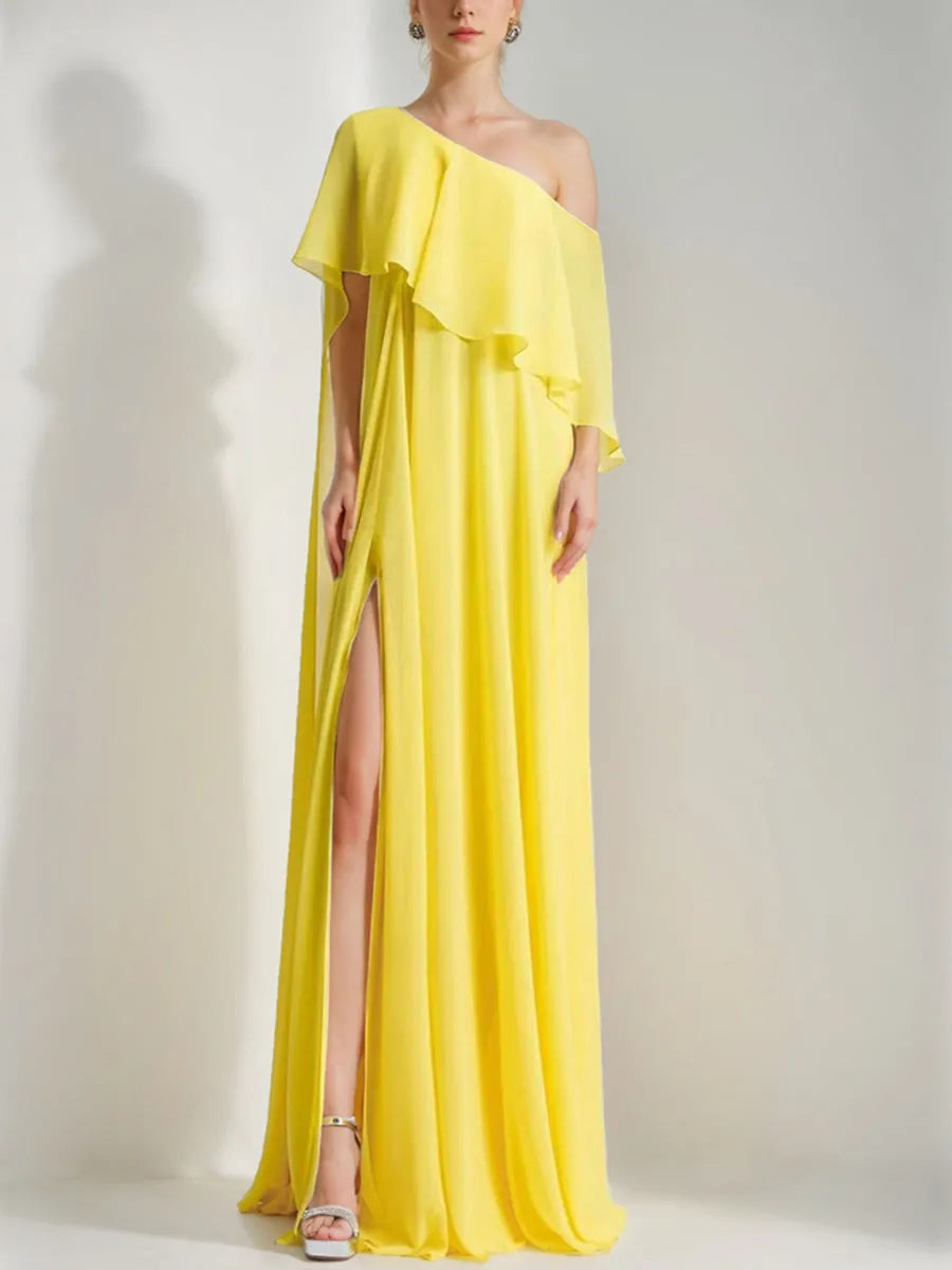 Princess One-Shoulder Sleeveless Prom Dresses with Ruffles High Split