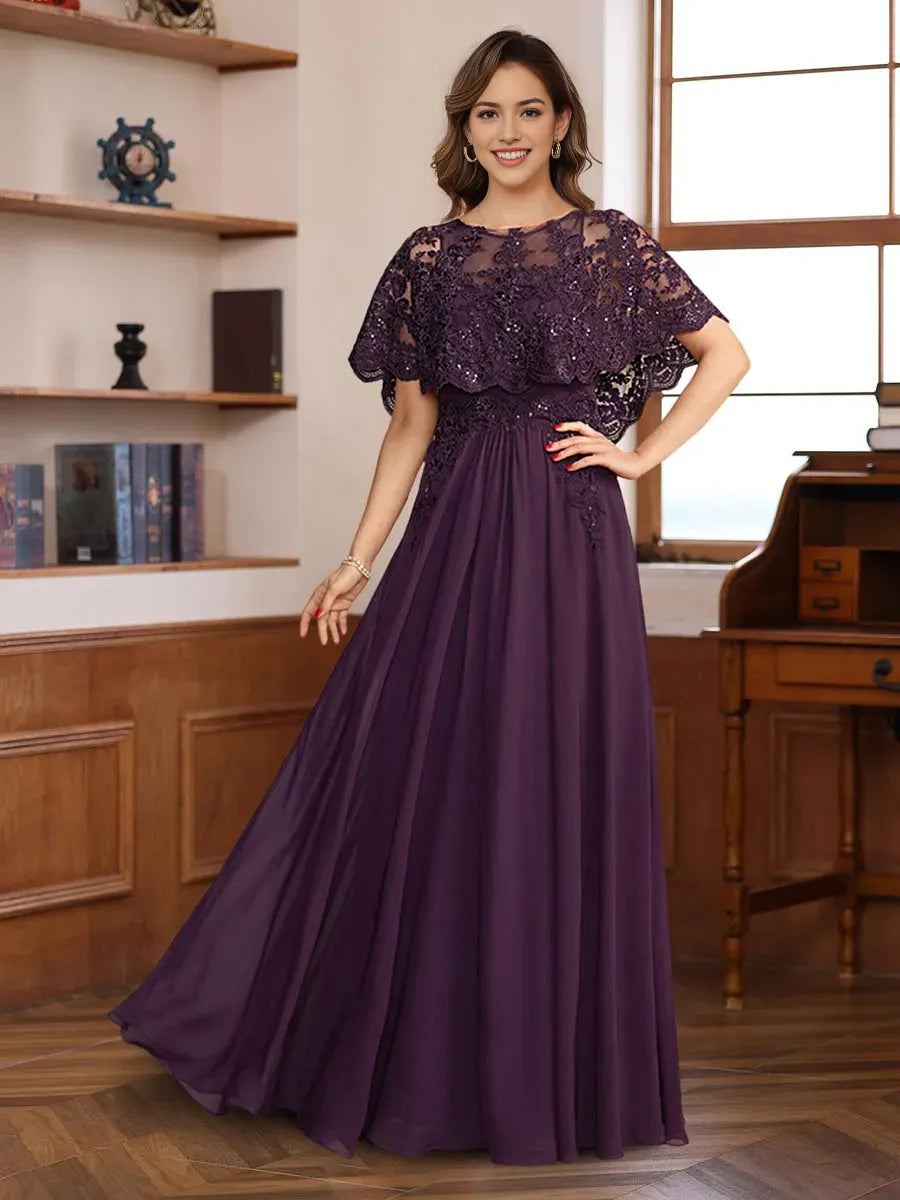 Princess Round Neck Floor-Length Elegant Mother of the Bride Groom Dresses with Lace Appliques