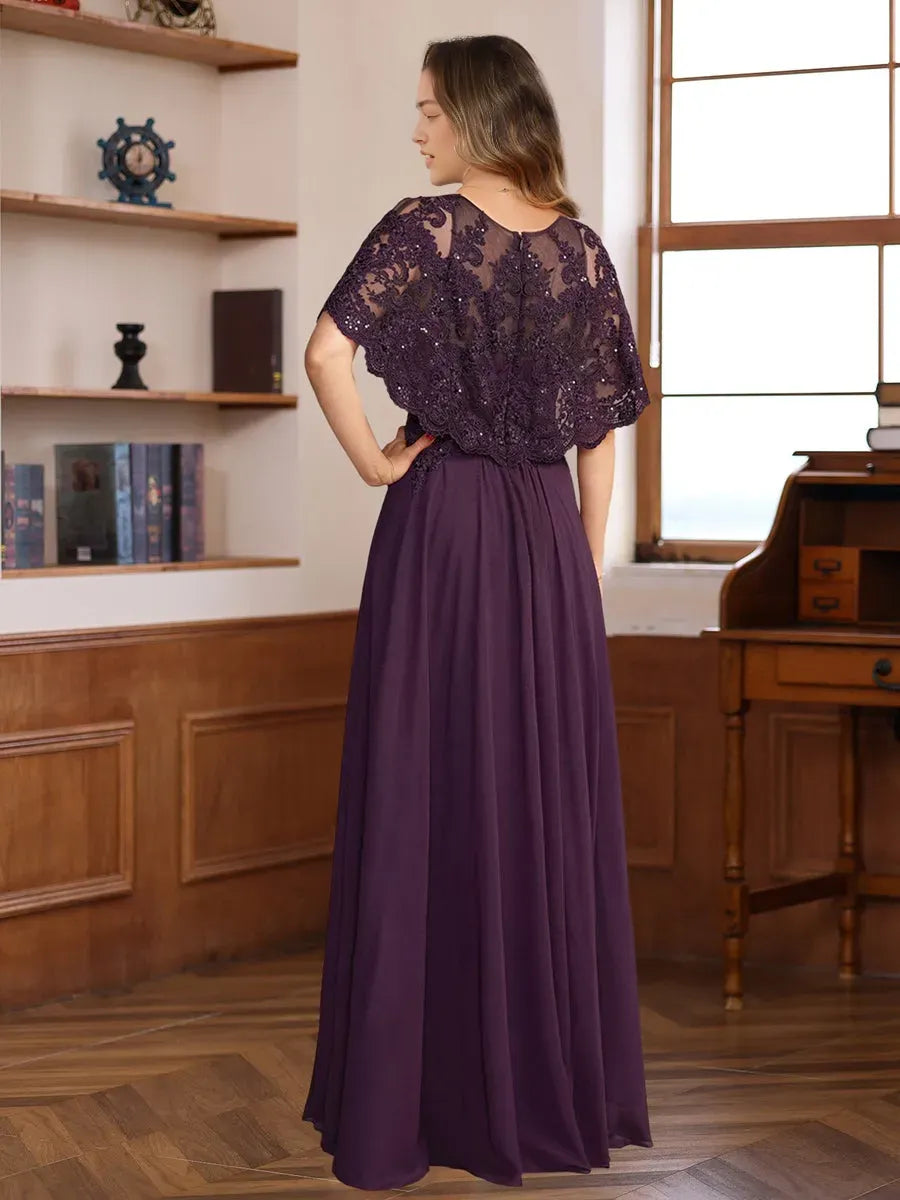 Princess Round Neck Floor-Length Elegant Mother of the Bride Groom Dresses with Lace Appliques