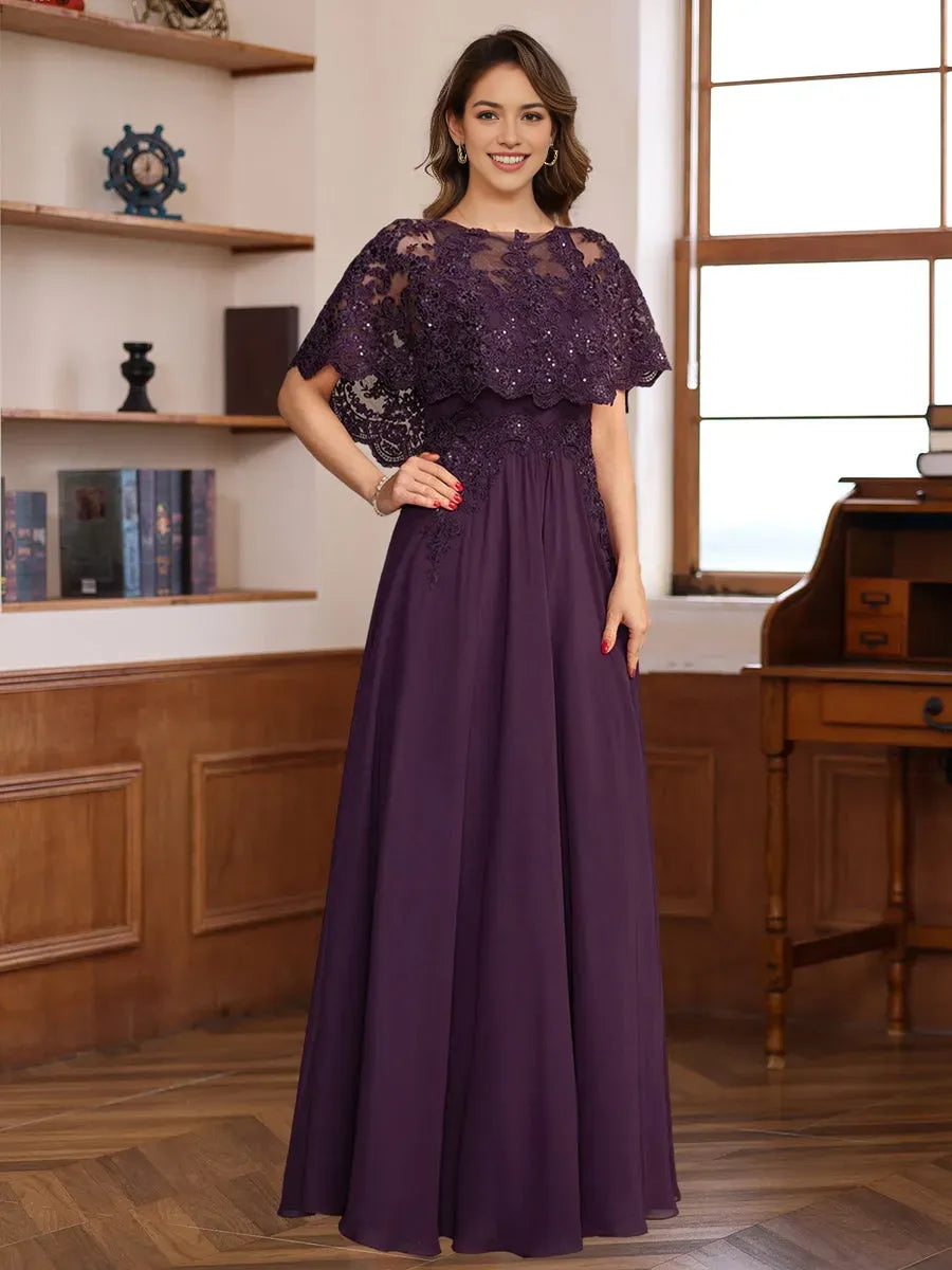 Princess Round Neck Floor-Length Elegant Mother of the Bride Groom Dresses with Lace Appliques