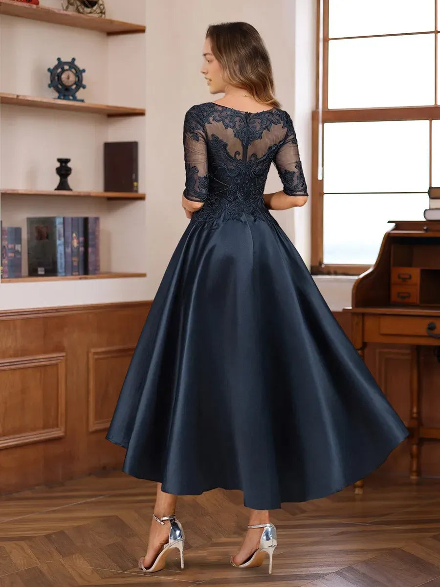 Princess Scoop Neck Half Sleeves Asymmetrical Mother of the Bride Groom Dresses with Lace Appliques