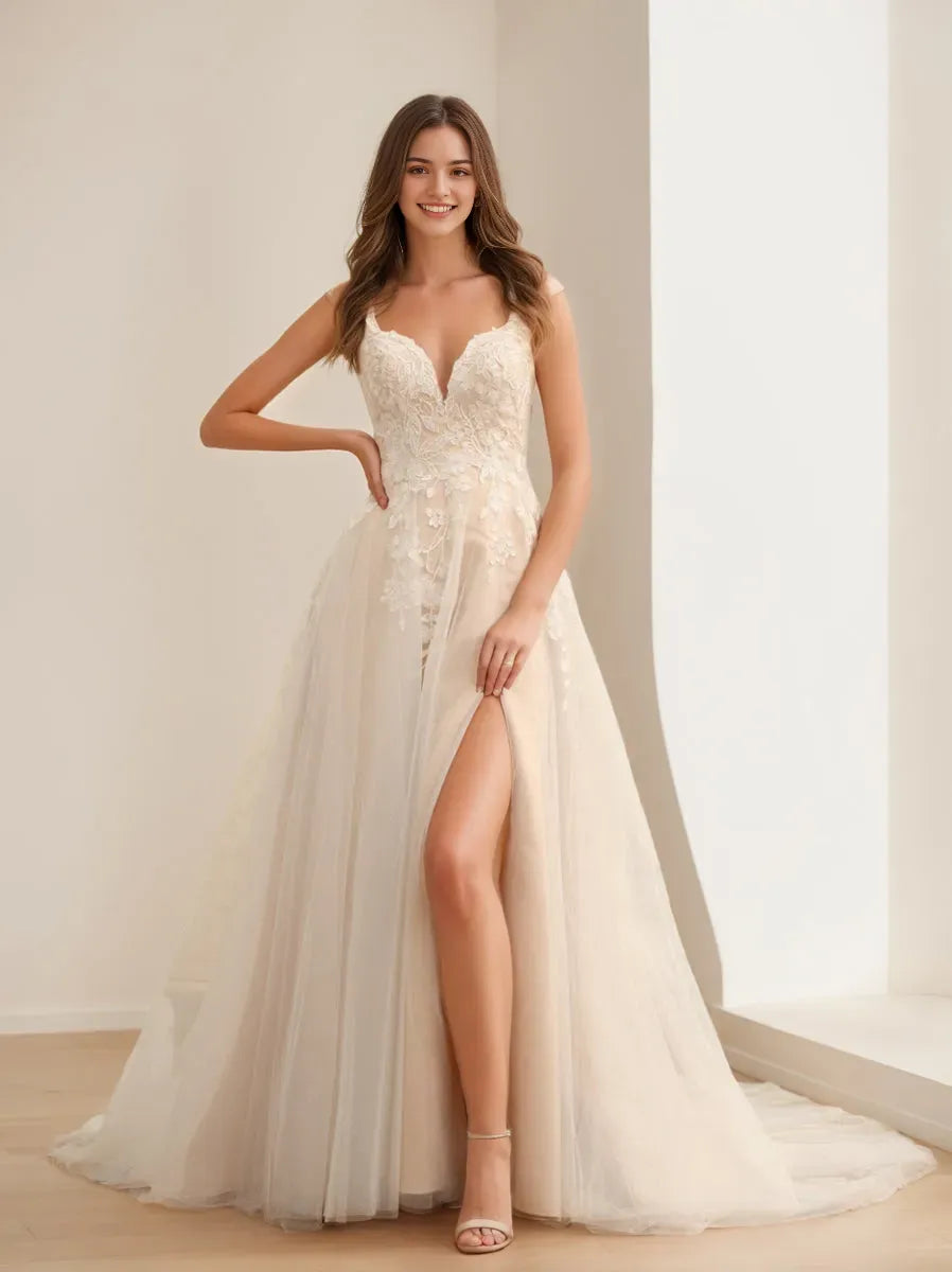 Princess Sleeveless Long Wedding Dresses with Appliques Split Side