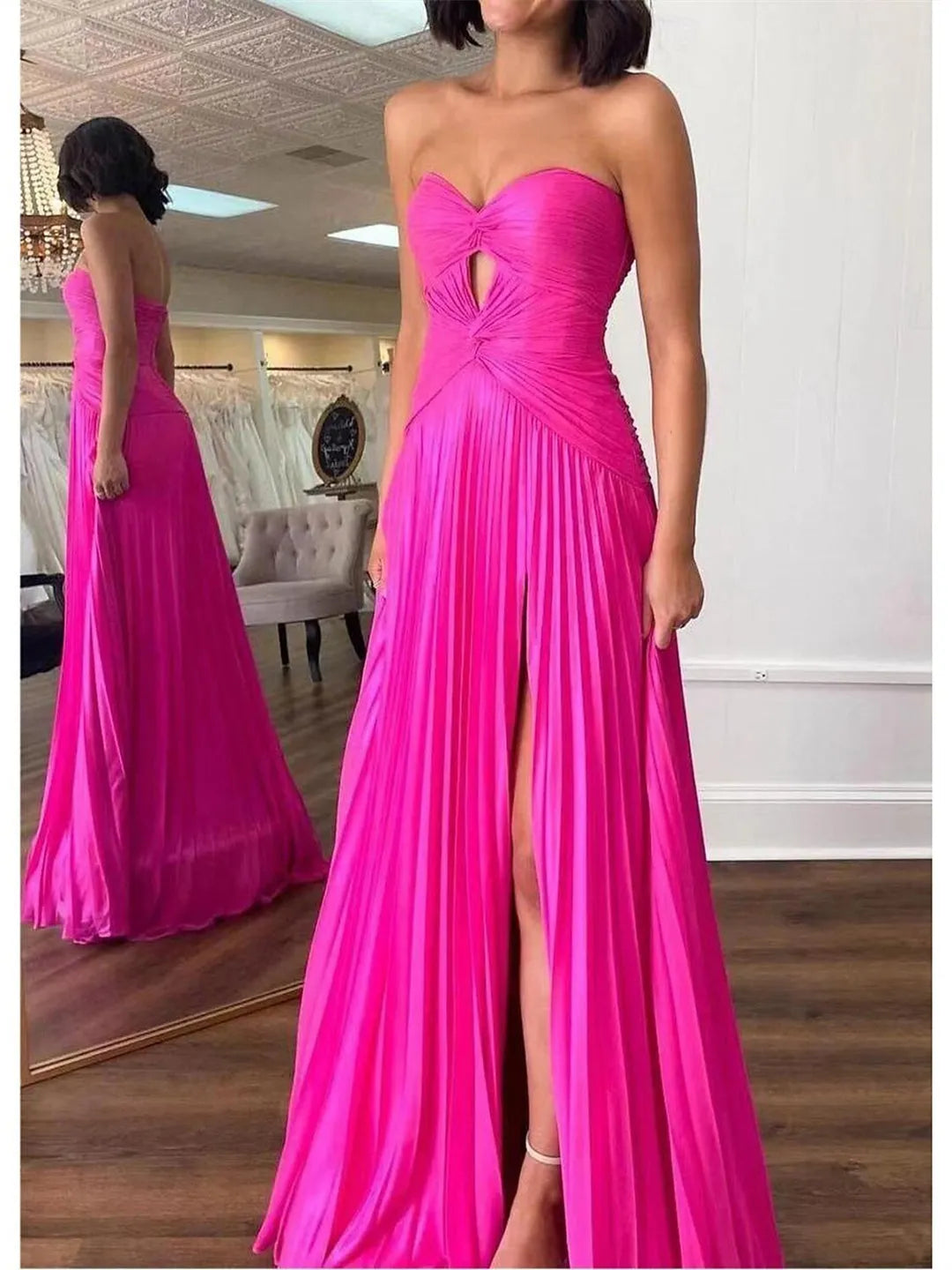 Princess Sleeveless Strapless Prom Dresses with Pleats Ruched