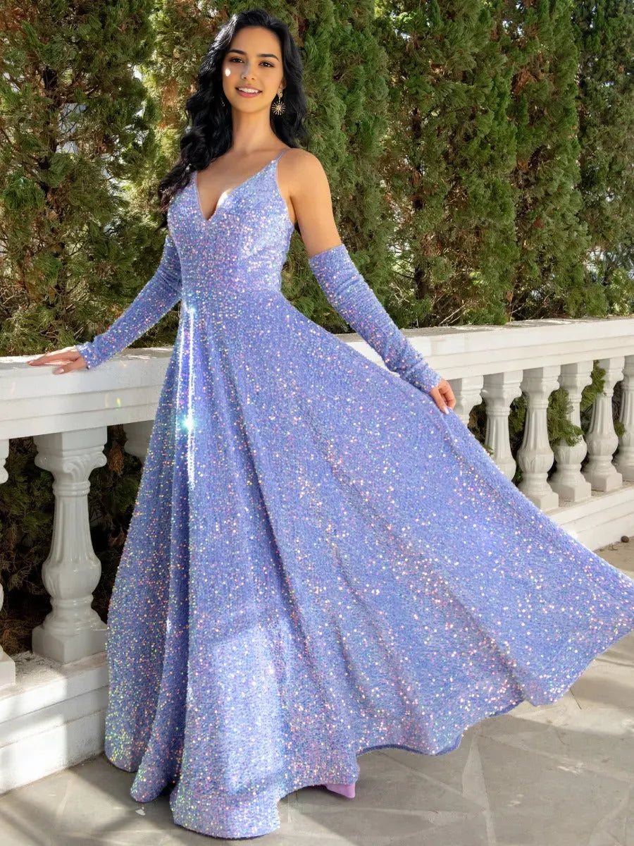 Princess Spaghetti Straps Plunge V-Neck Floor-Length Pleated Evening Dresses with Detachable Sleeves