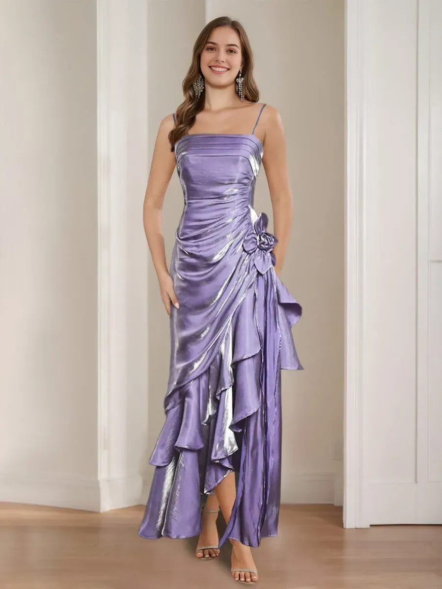 Princess Spaghetti Straps Ruched Asymmetrical Vintage Prom Dresses with Ruffles Flower