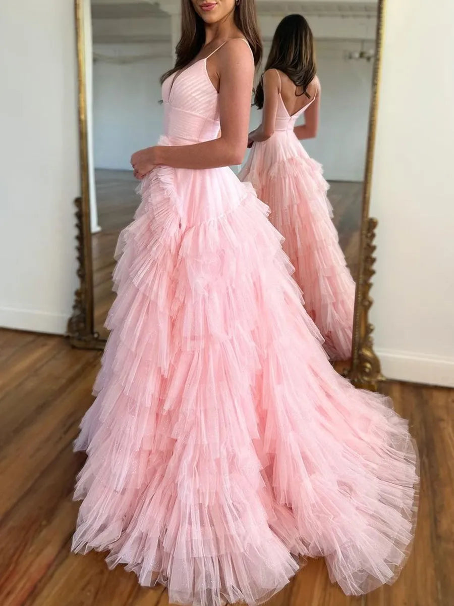 Princess Spaghetti Straps Sleeveless Floor-Length Prom Dresses with Ruffles