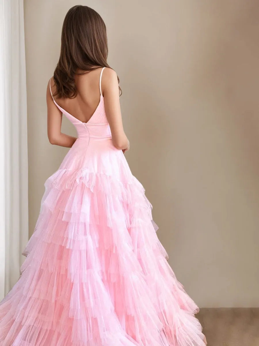 Princess Spaghetti Straps Sleeveless Floor-Length Prom Dresses with Ruffles