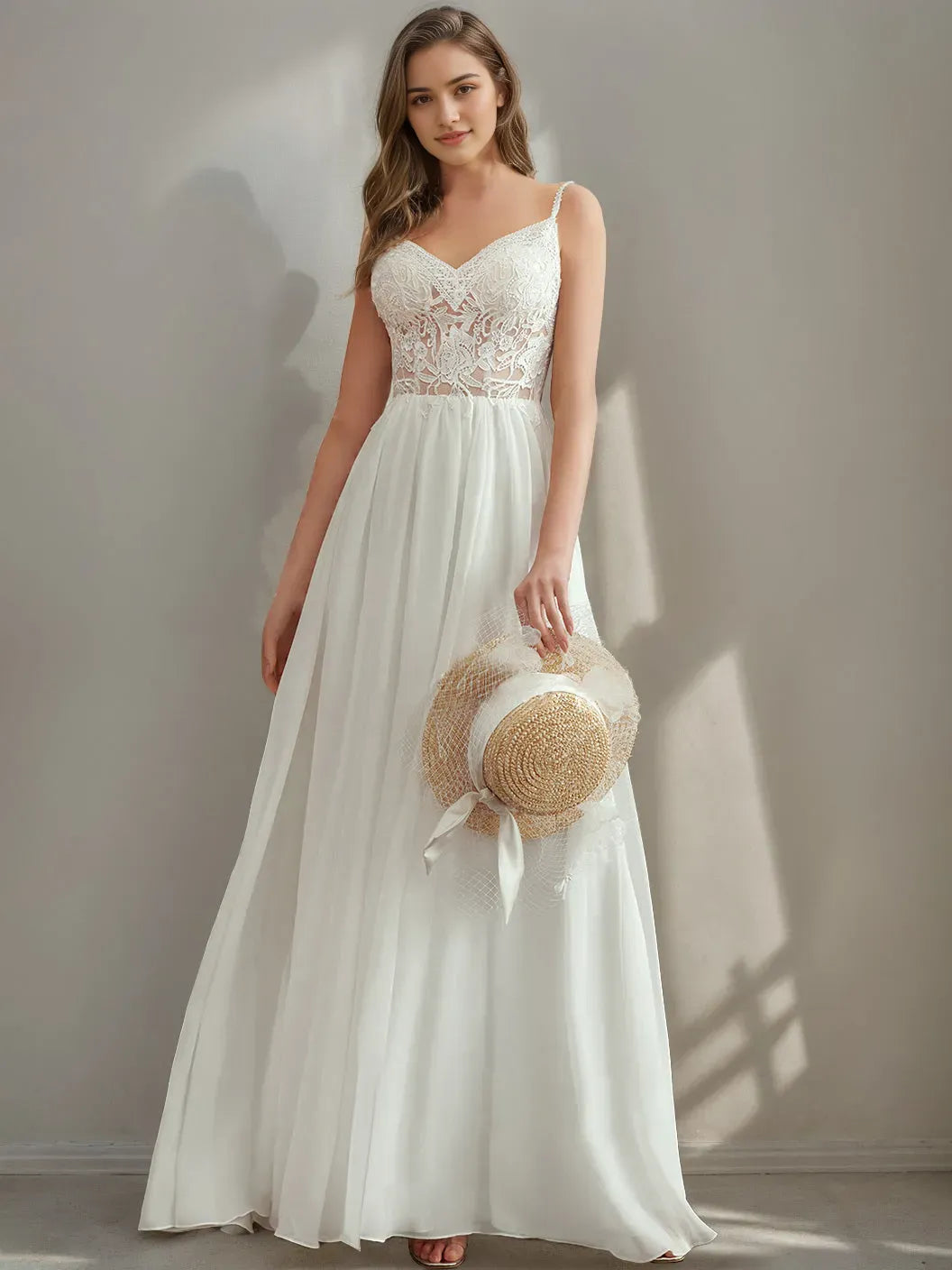 Princess Spaghetti Straps V-Neck Lace Wedding Dress with Appliques