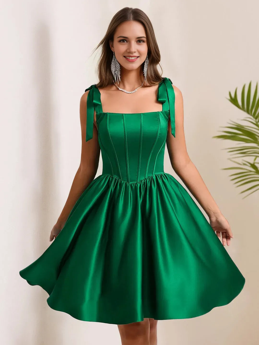 Princess Square Neckline Pleated Short/Mini Homecoming Dresses with Shoulder Bow Ties