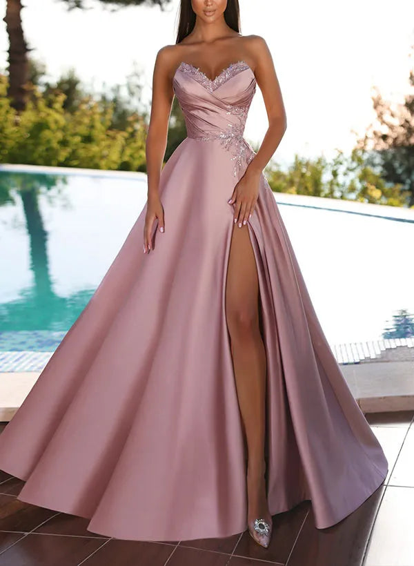 Princess Strapless Floor-Length Prom Floral Dresses With Split Side