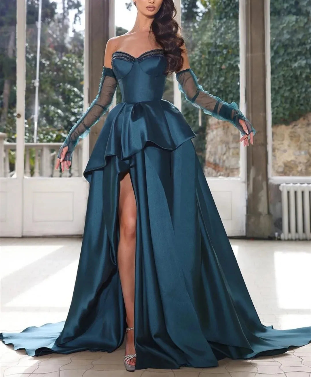 Princess Strapless Half Sleeves Floor-length Long Formal Evening Dresses With Split Side