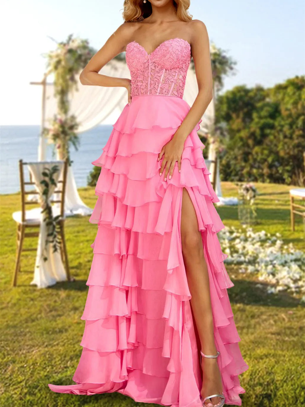 Princess Strapless Long Prom Evening Party Dresses with Sequins Split Side