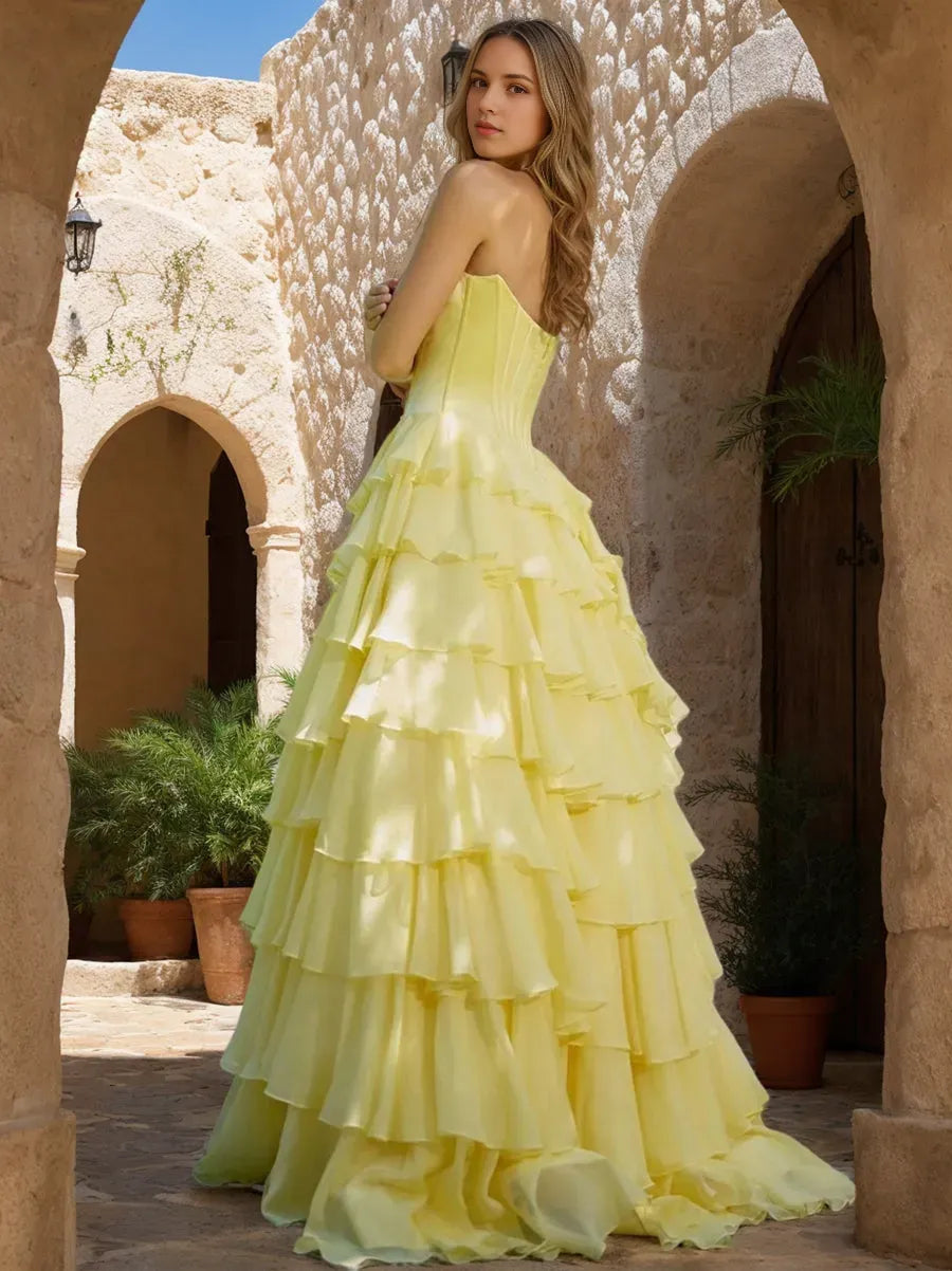 Princess Strapless Ruched Backless Prom Dresses with Ruffles High Split Embroidery