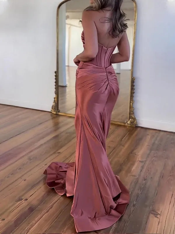 Princess Strapless Sleeveless Floor-Length Slit Ruched Evening Dresses