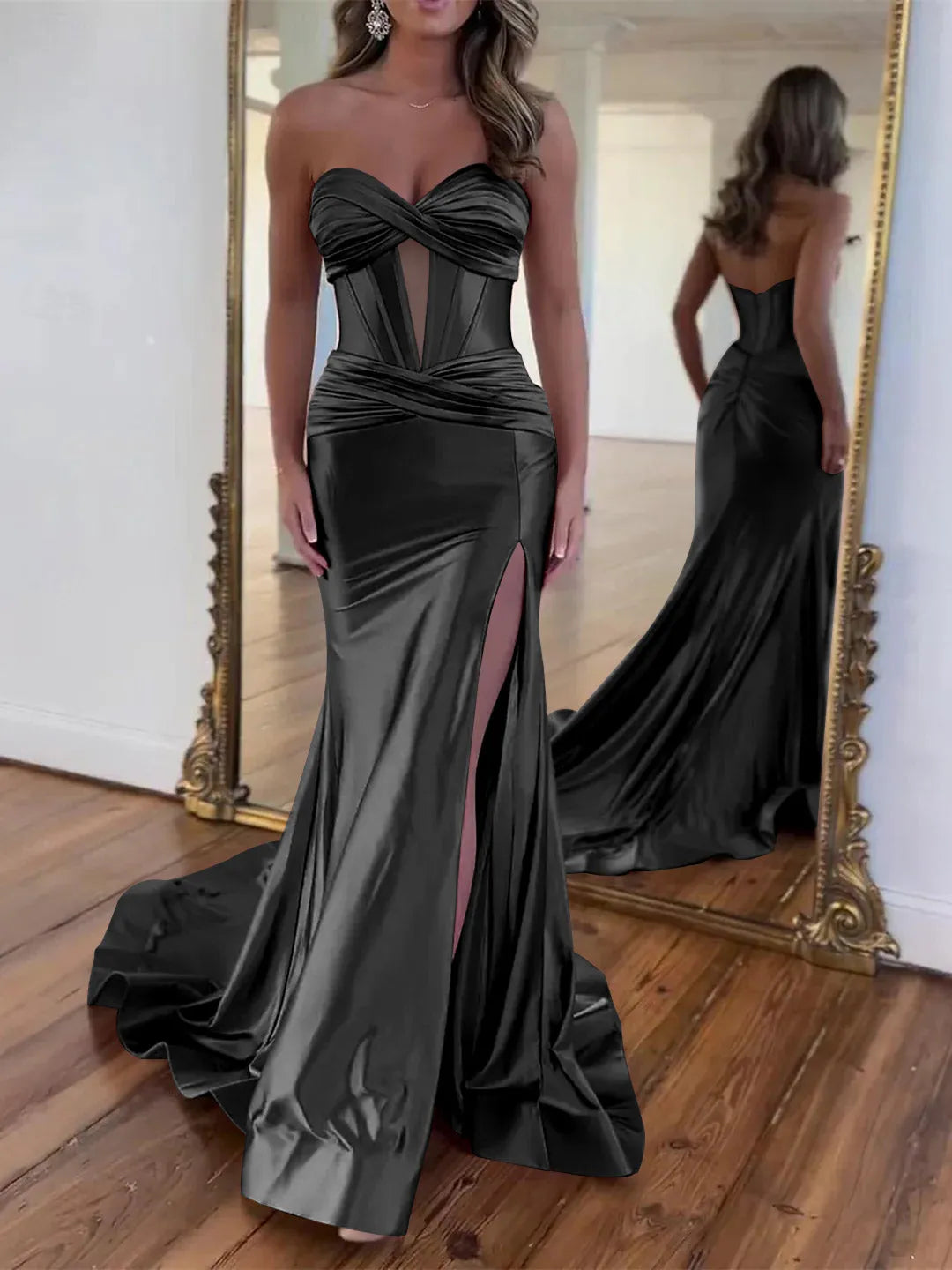 Princess Strapless Sleeveless Floor-Length Slit Ruched Evening Dresses