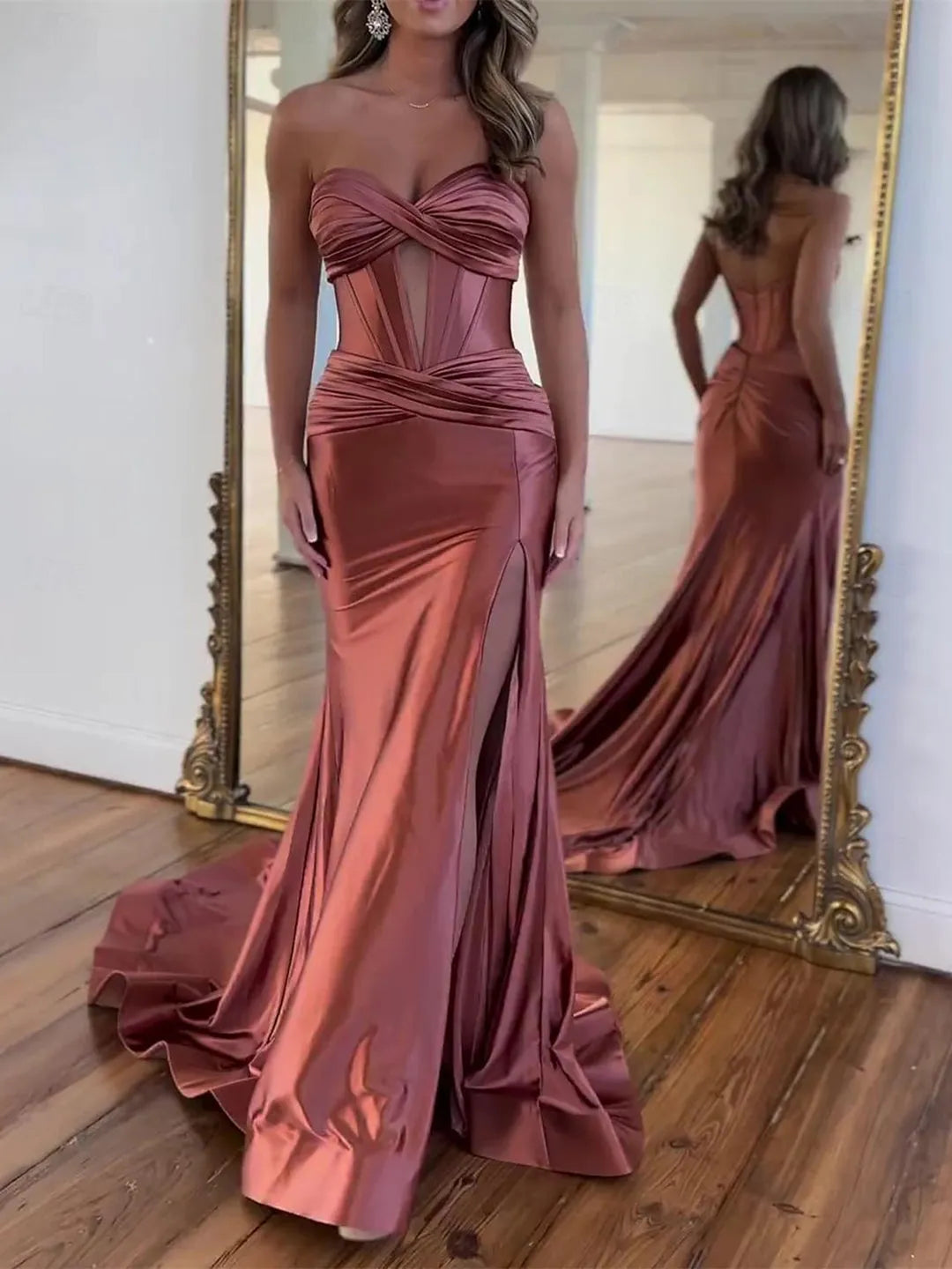Princess Strapless Sleeveless Floor-Length Slit Ruched Evening Dresses