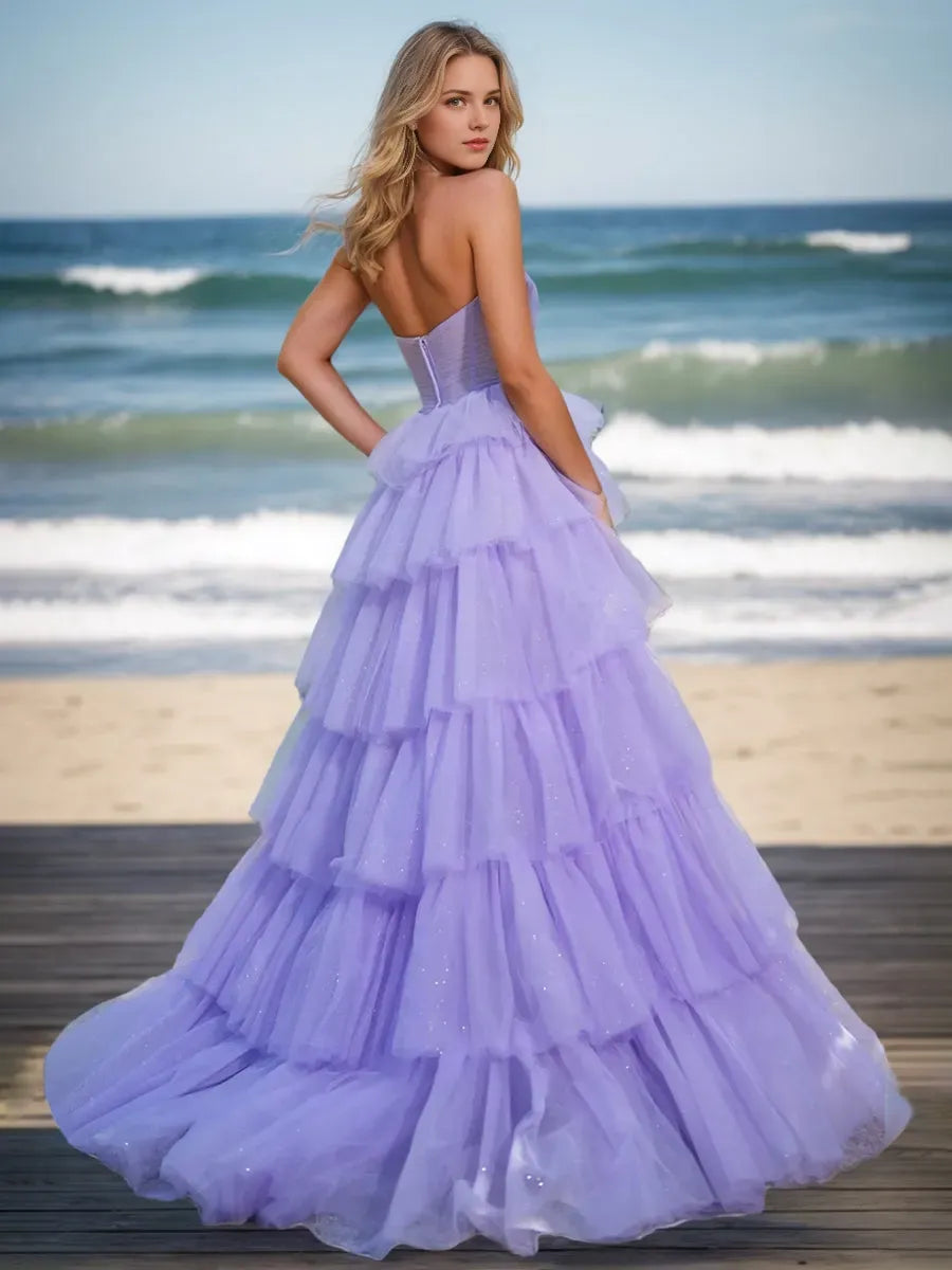 Princess Strapless Sleeveless Sweet Prom Dresses with Ruffles Flower