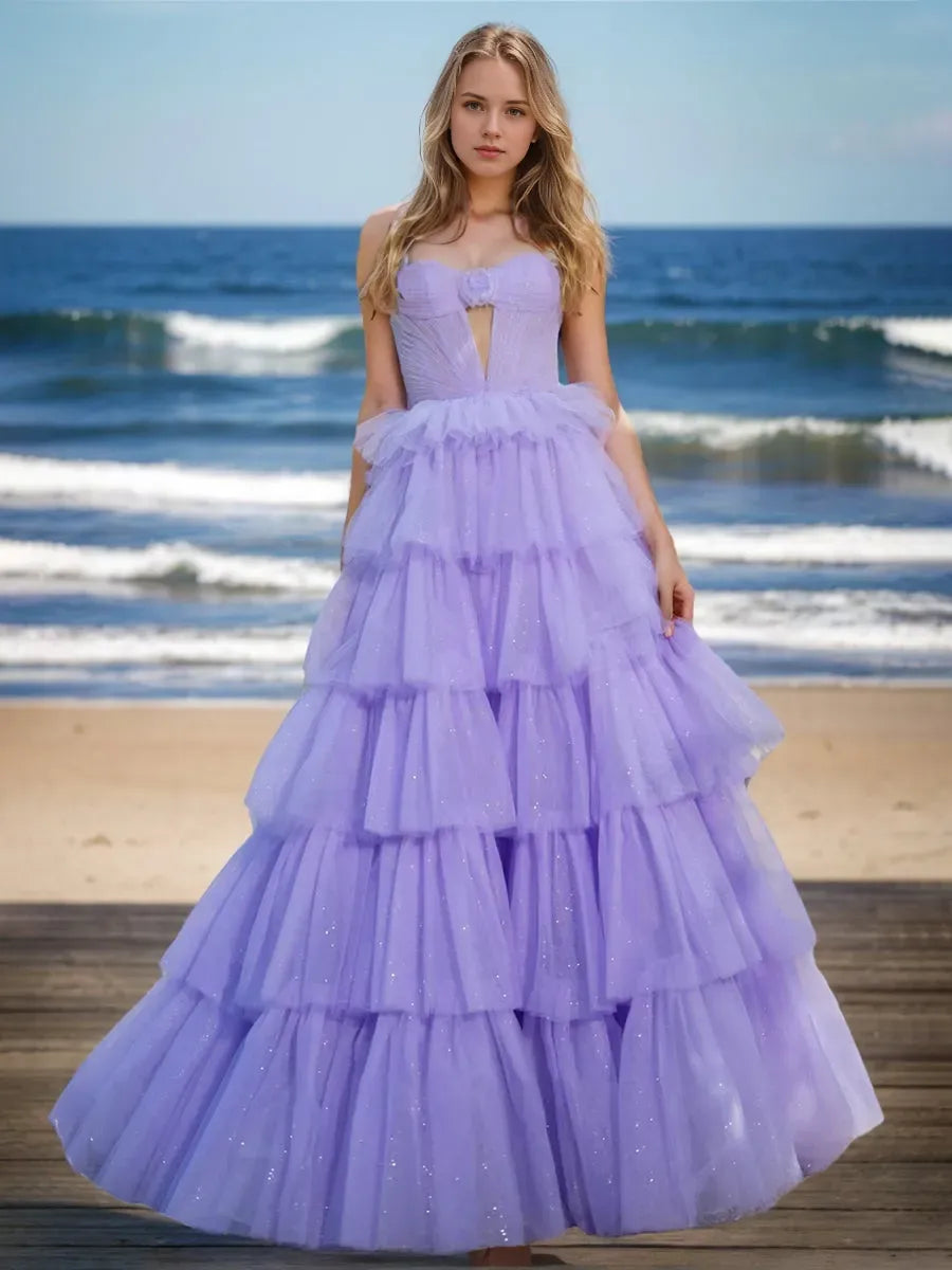 Princess Strapless Sleeveless Sweet Prom Dresses with Ruffles Flower