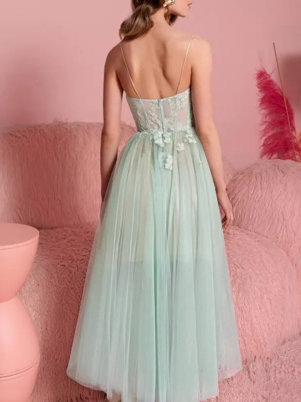 Princess Strapless Sleeveless Tea-Length Homecoming Dresses with Applique