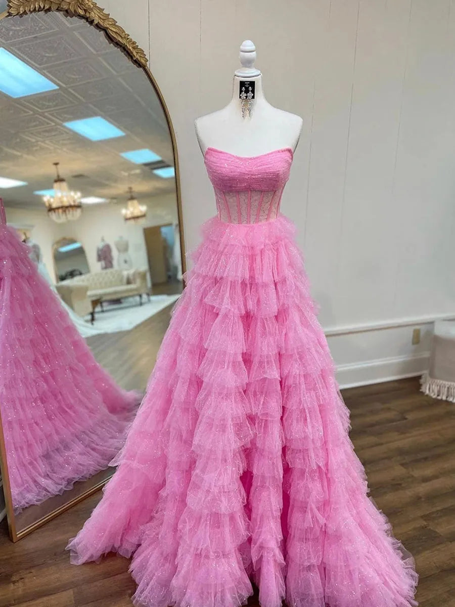Princess Strapless Sleeveless Tulle Pleated Prom Dresses with Ruffles Sequins