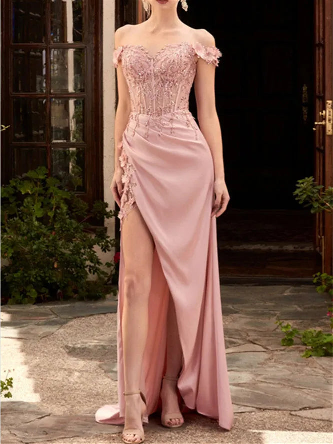 Princess Sweetheart Off-the-Shoulder Floor-Length Prom Dresses with Lace Embroidery