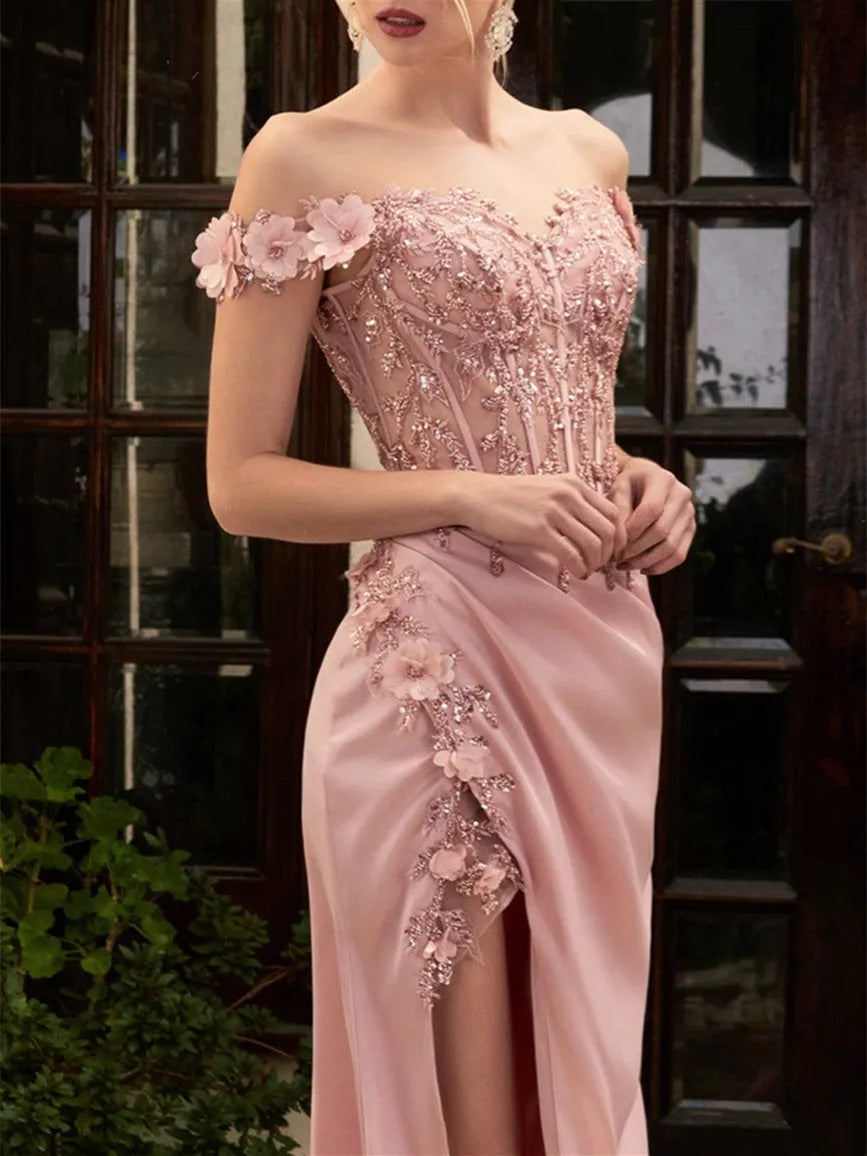 Princess Sweetheart Off-the-Shoulder Floor-Length Prom Dresses with Lace Embroidery
