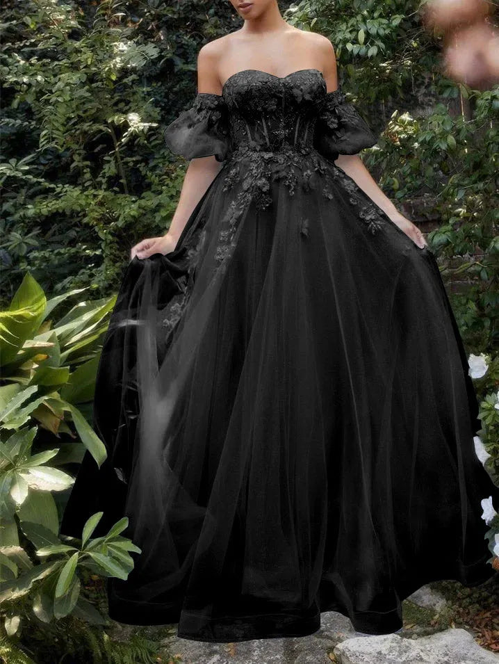 Princess Sweetheart Short Sleeves Floor-length Long Prom Dresses With Flowers