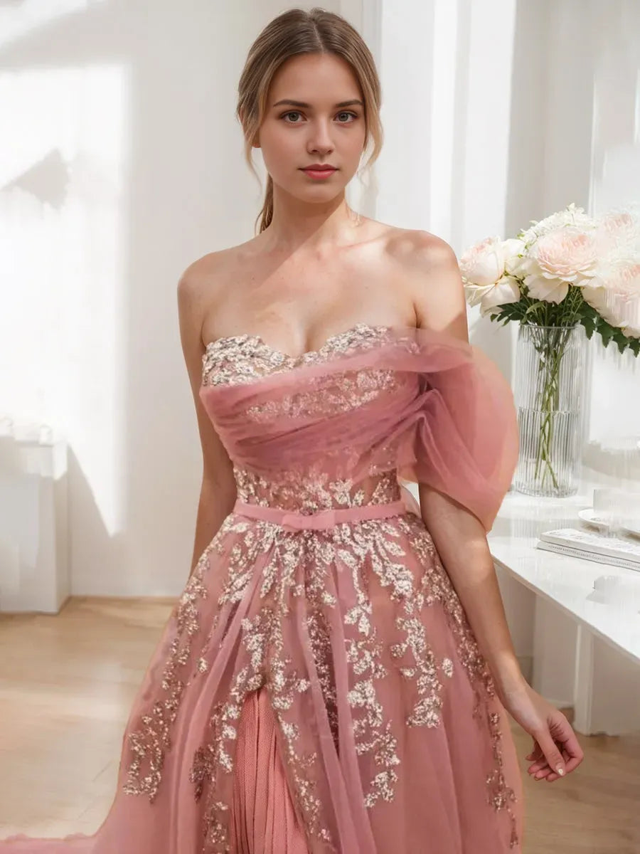 Princess Sweetheart Sleeveless Tulle Prom Dresses with Split Side Appliques