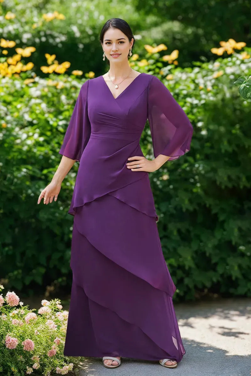 Princess V-Neck 3/4 Sleeves Chiffon Mother Of The Bride Groom Dresses with Ruffles