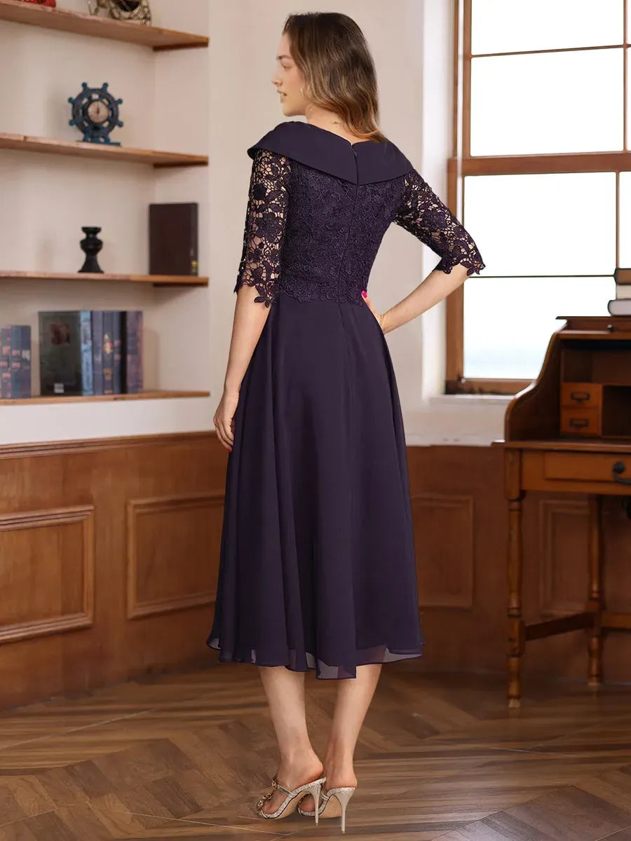Princess V-Neck Half Sleeves Tea Length Mother of the Bride Groom Dresses with Lace Appliques