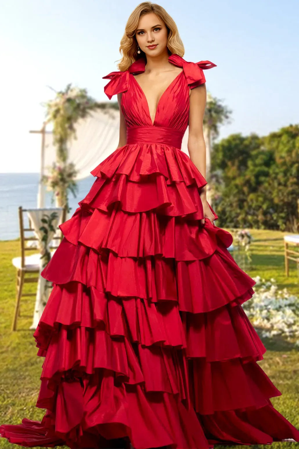 Princess V-Neck Long Prom Evening Party Dresses with Split Side Ruffles
