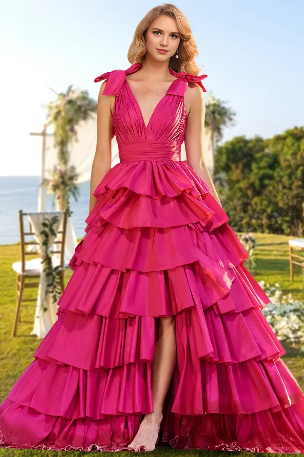 Princess V-Neck Long Prom Evening Party Dresses with Split Side Ruffles