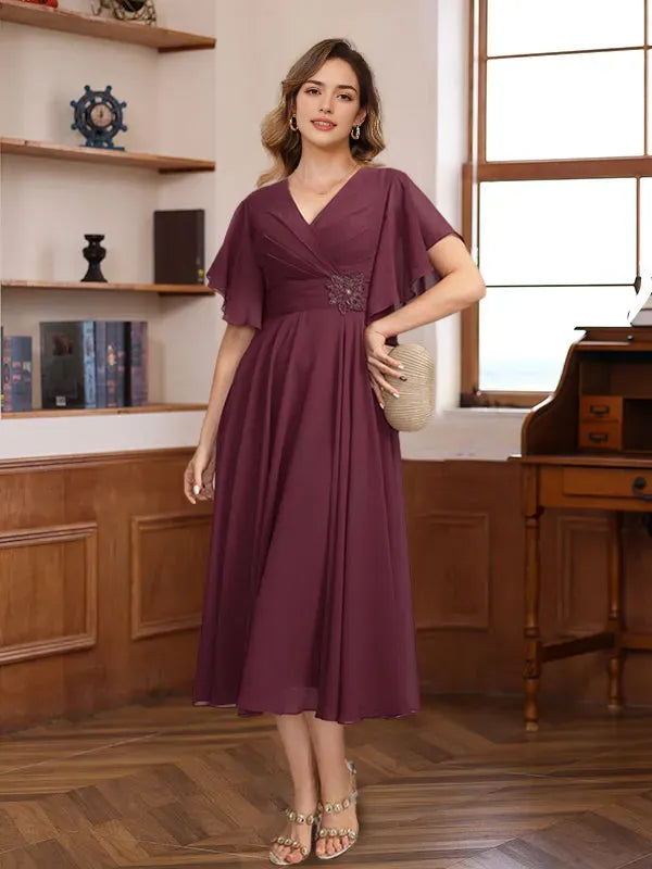 V-Neck Ruched Tea-Length Pleated Mother of the Bride Groom Dresses with Jewel Appliques & Ruffles