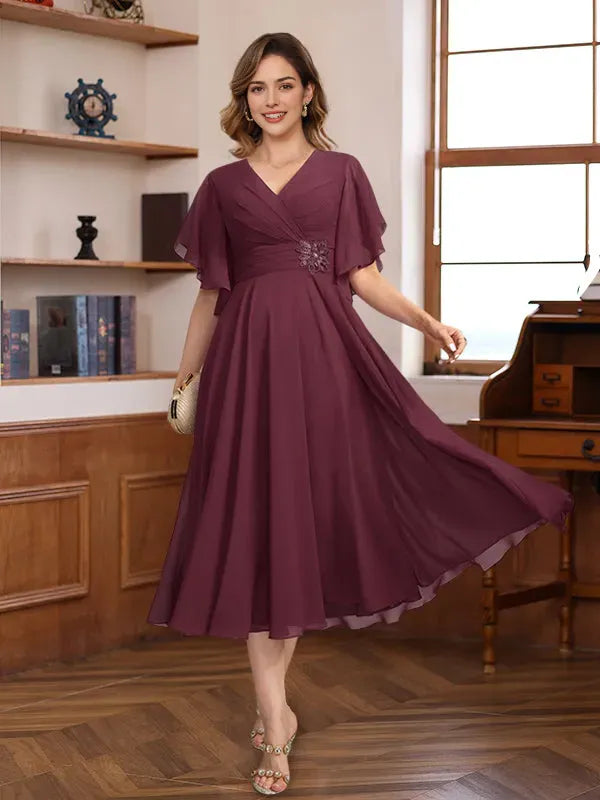 V-Neck Ruched Tea-Length Pleated Mother of the Bride Groom Dresses with Jewel Appliques & Ruffles
