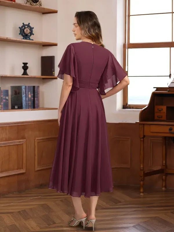 V-Neck Ruched Tea-Length Pleated Mother of the Bride Groom Dresses with Jewel Appliques & Ruffles