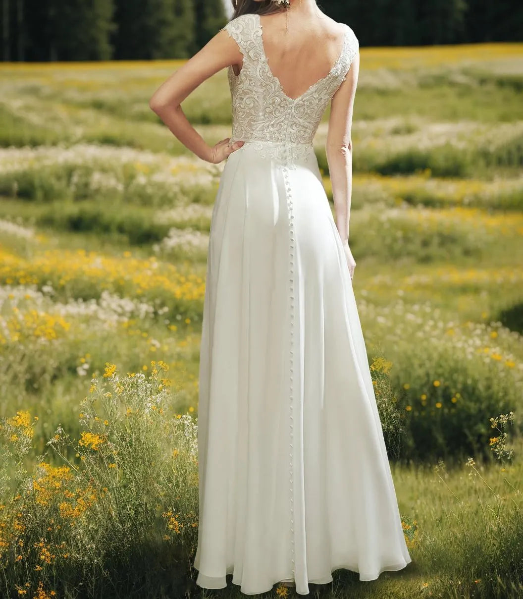 Princess V-Neck Sleeveless Ankle-Length Wedding Dress with Appliques ﻿