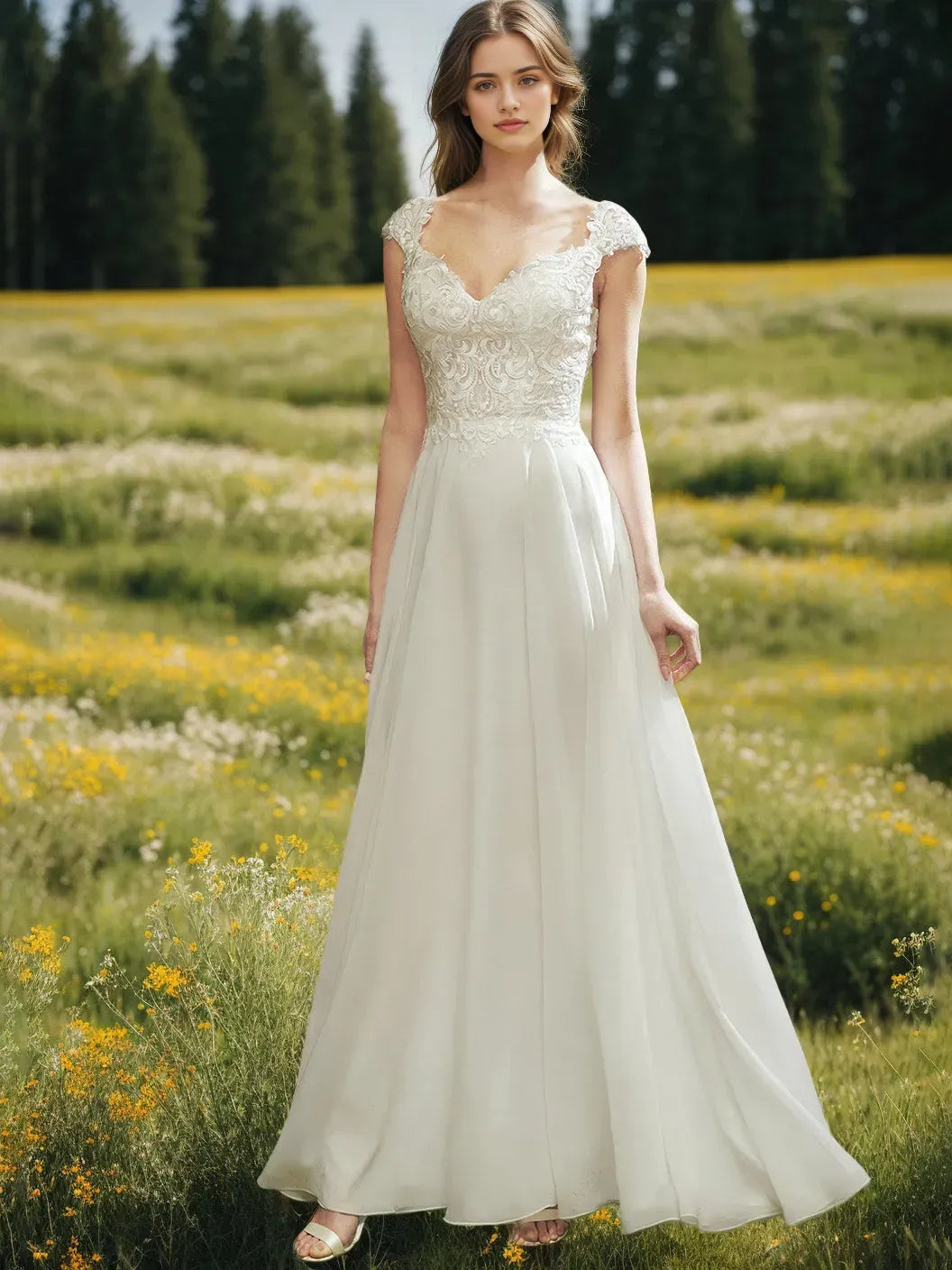 Princess V-Neck Sleeveless Ankle-Length Wedding Dress with Appliques ﻿