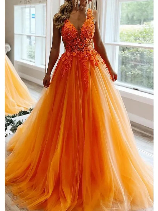 Princess V Neck Floor-Length Prom Dresses with with Pleats Beading