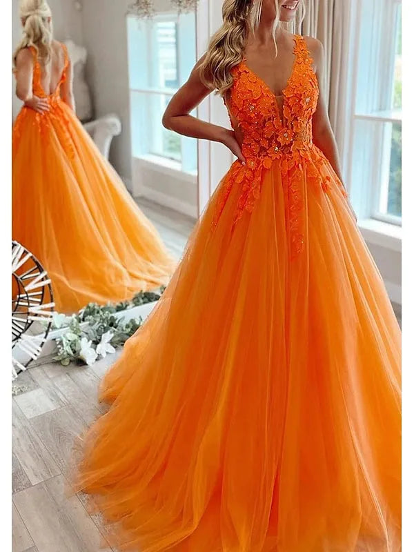 Princess V Neck Floor-Length Prom Dresses with with Pleats Beading